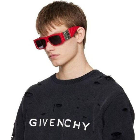 NEW Givenchy GV40034I  66A Red Leather Grey Unisex Geometric Sunglasses - Picture 4 of 12